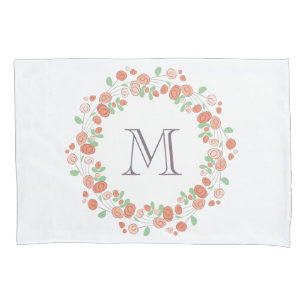 coral roses wreath monogram pillowcase