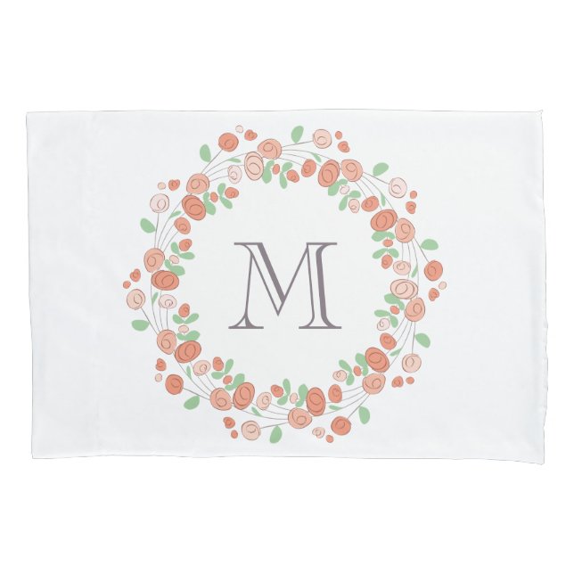 coral roses wreath monogram pillowcase (Front)