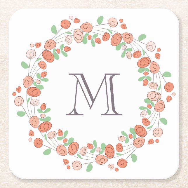 coral roses wreath monogram square paper coaster (Front)