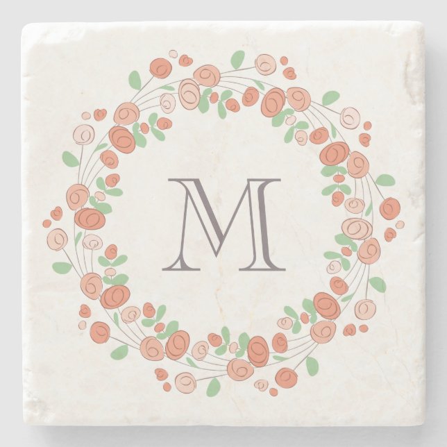 coral roses wreath monogram stone coaster (Front)