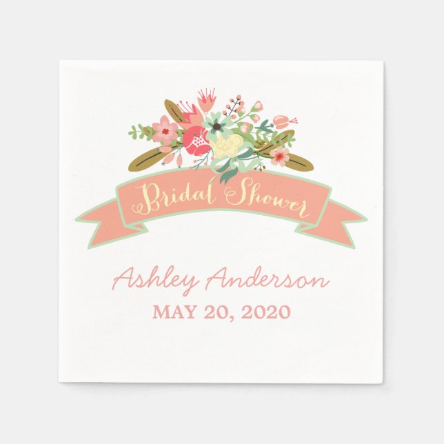 Coral Rustic Flowers Bridal Shower Paper Napkins (Front)