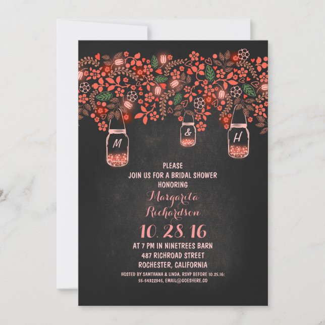 coral rustic mason jars chalkboard bridal shower invitation (Front)