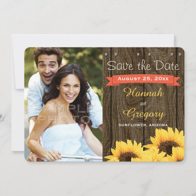 CORAL RUSTIC SUNFLOWER SAVE THE DATE CARD (Front)