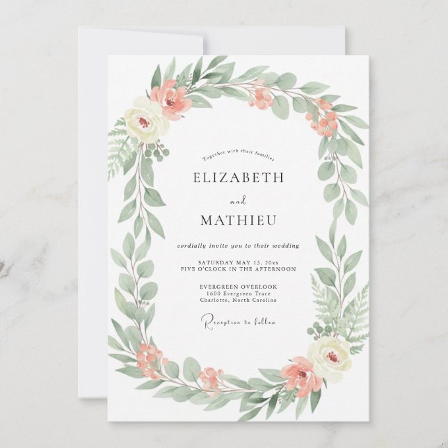 Coral Sage Graceful Wedding Invitation (Front)