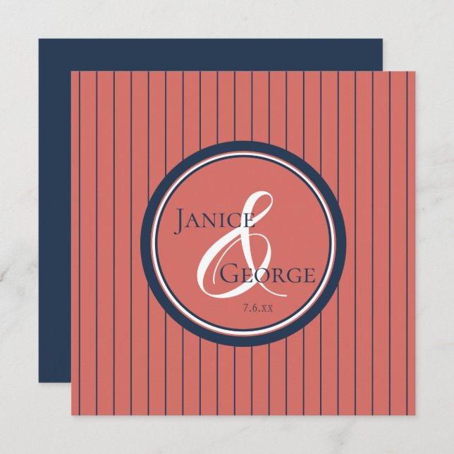 Coral Salmon and Navy Stripes Wedding Invitation (Front/Back)