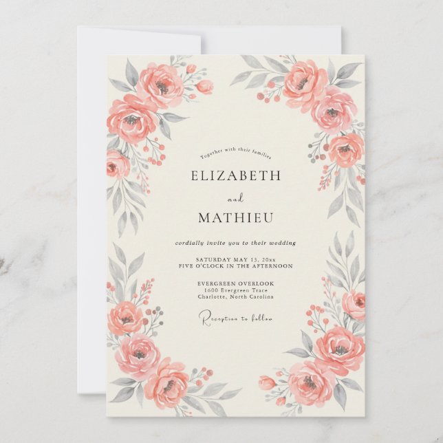 Coral Salmon Leafy Wedding Invitation (Front)