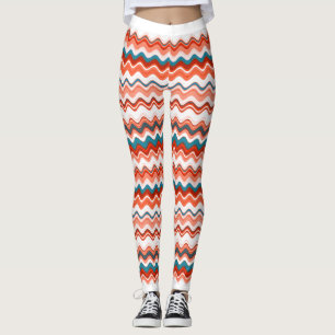 Coral Salmon Orange Blue Wavy Zigzag Pattern Leggings
