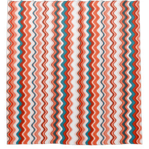 Coral Salmon Orange Blue Wavy Zigzag Pattern Shower Curtain