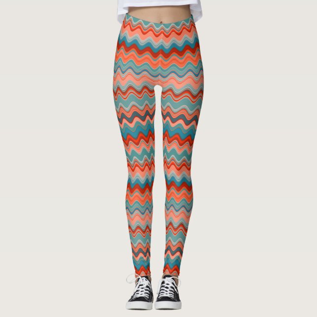 Coral Salmon Orange Teal Wavy Zigzag Pattern Leggings (Front)