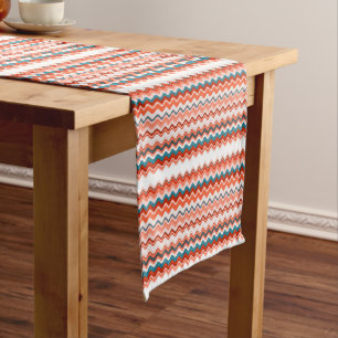 Coral Salmon Orange Turquoise Wavy Zigzag Pattern Short Table Runner