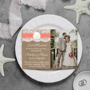 Coral Sand Dollar Beach Wedding Photo Marriage Announcement