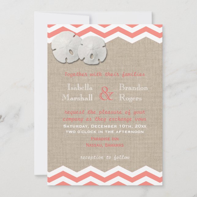 Coral Sand Dollar & Chevron Wedding Invitation (Front)