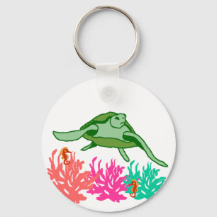 Coral scene sea turtle key chain