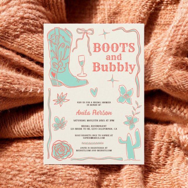 Coral scribbles boots bubbly bridal shower invitation (Coral scribbles boots bubbly bridal shower invitation)