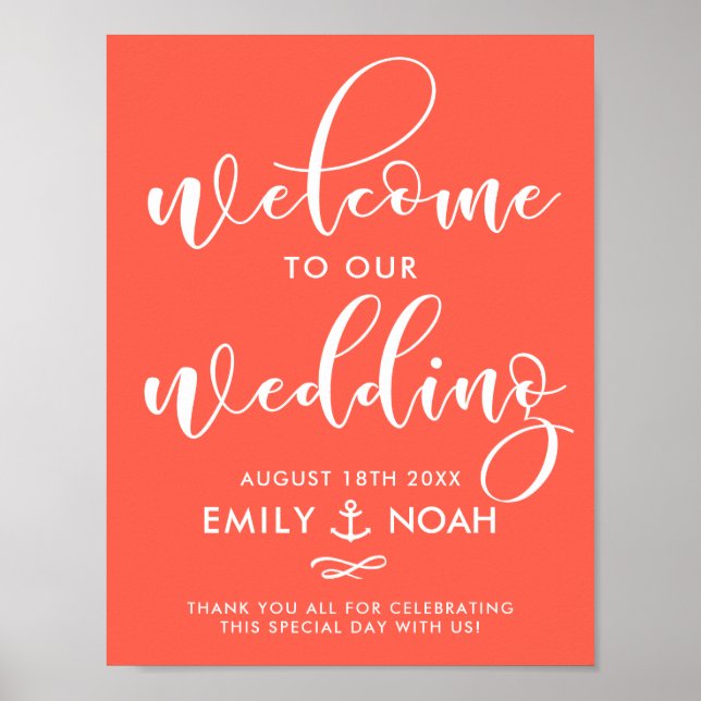 Coral Script Nautical Wedding Welcome Sign Poster (Front)