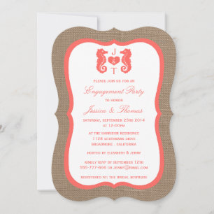 Coral Seahorse On Burlap Beach Engagement Shower Invitation