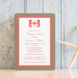 Coral Seahorse On Burlap Beach Wedding Shower Invitation