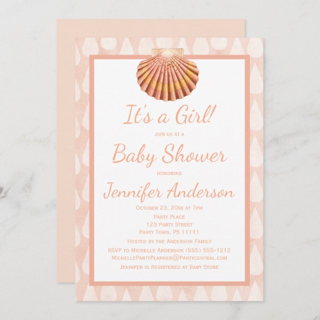 Coral Seashell Baby Shower Invitation (Front/Back)