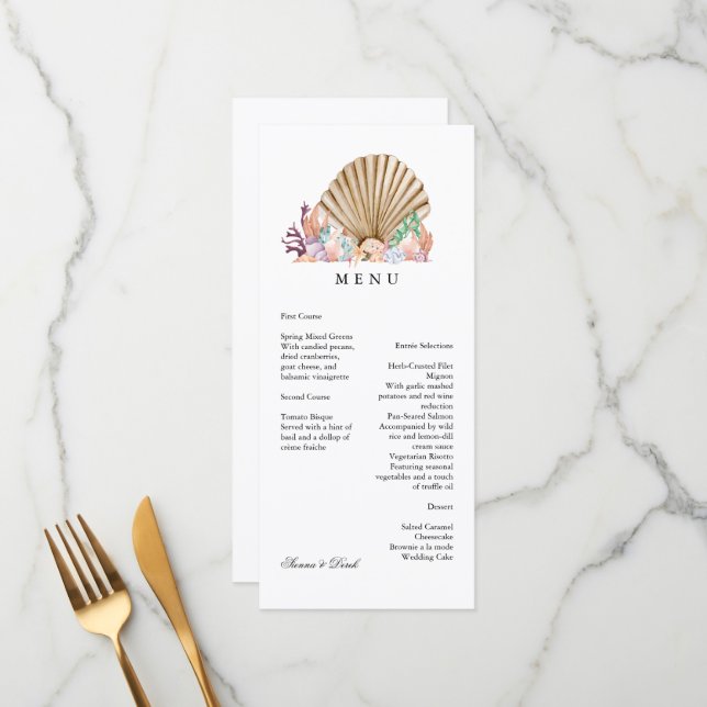 Coral & Seashell beach Wedding Menu (Front/Back In Situ)