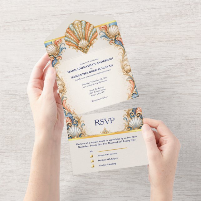 Coral Seashell Wedding Card Coastal Luxury (Tearaway)