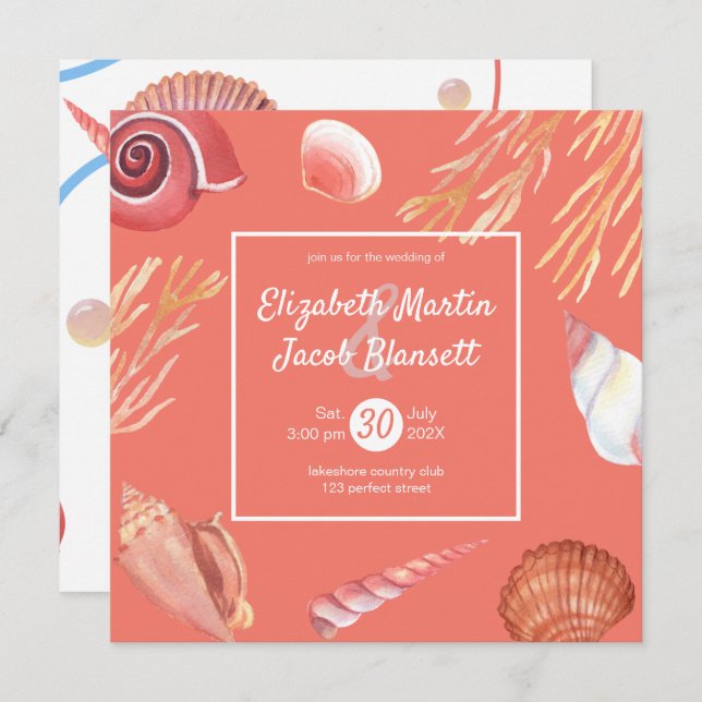 Coral & Seashells Beach All in One Wedding Invitation (Front/Back)