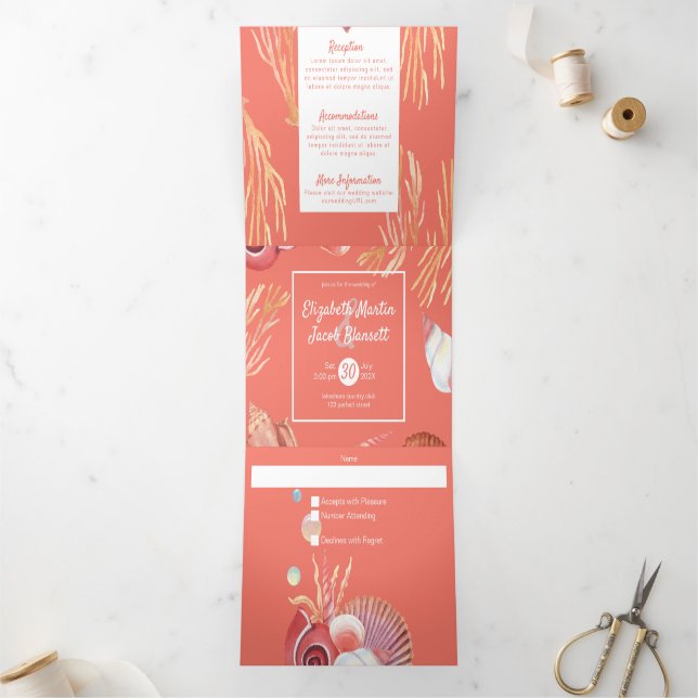Coral & Seashells Beach All in One Wedding Tri-Fold Invitation (Inside)