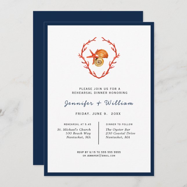 Coral & seashells Rehearsal Dinner Invitation (Front/Back)