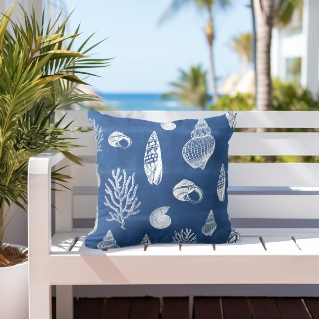Coral Shells Blue White Outdoor Pillow (Creator Uploaded)