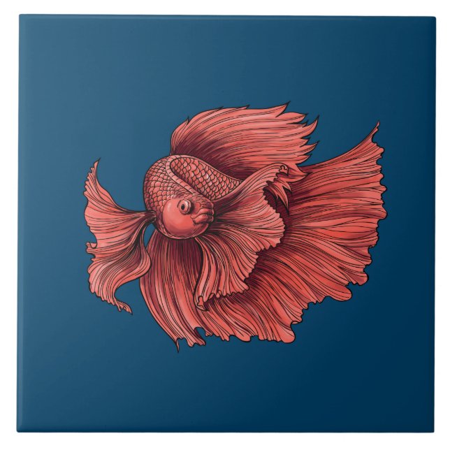 Coral Siamese fighting fish Ceramic Tile (Front)