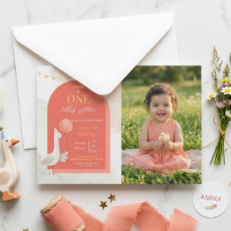 Coral Silly Goose Girl First Birthday Photo  Save The Date