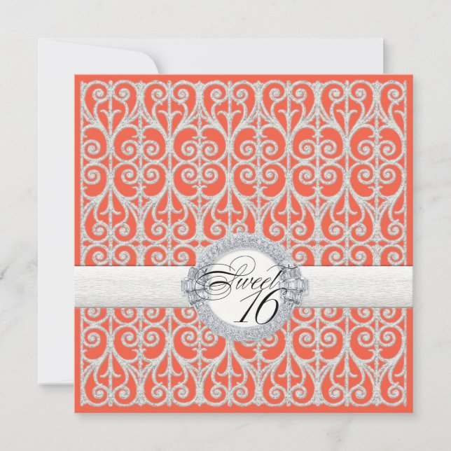 Coral & Silver Diamonds & Lace, Sweet Sixteen 16 Invitation (Front)