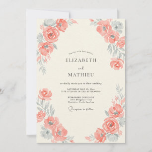 Coral Silver Foliage Eucalyptus Wedding Invitation