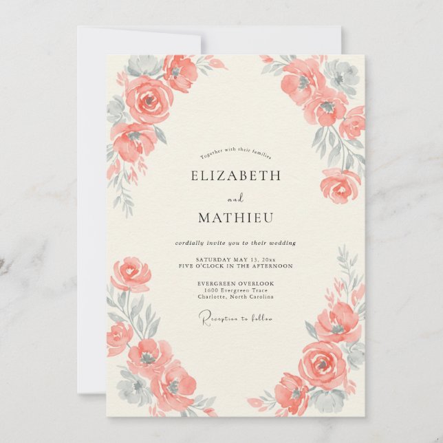 Coral Silver Foliage Eucalyptus Wedding Invitation (Front)