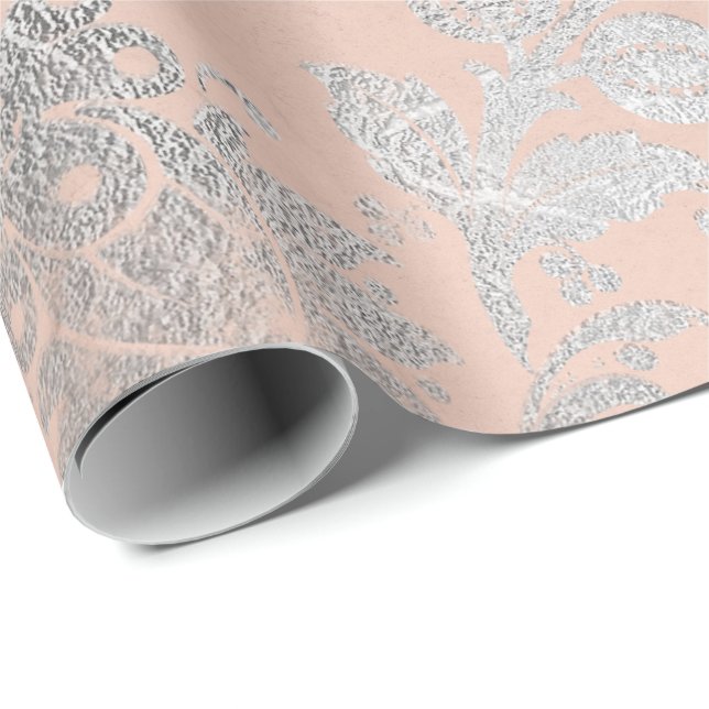 Coral Silver Peach Grey Metallic Pink Floral Blush Wrapping Paper (Roll Corner)
