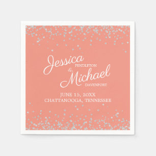 Coral Silver White Glitter Wedding Reception Napkin