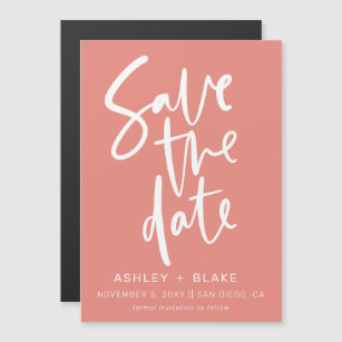 Coral Simple Handwritten Calligraphy Save The Date Magnetic Invitation