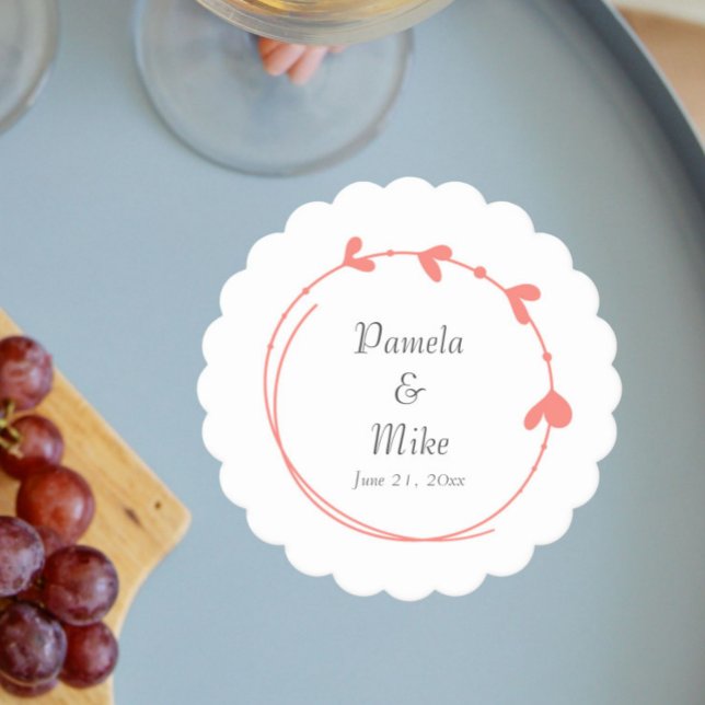 Coral Simple Heart Wreath Wedding Paper Coaster (In Situ Wedding)