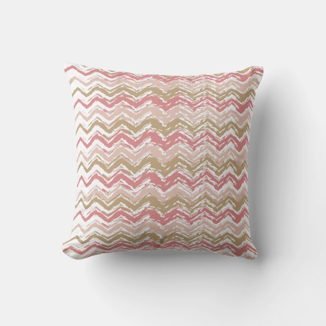 Coral Spice Scribble ZigZag Chevron Pattern Cushion (Front)