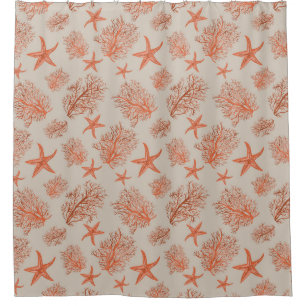 Coral starfish and coral on brown sand shower curtain