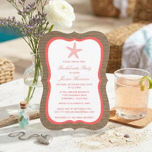 Coral Starfish Beach Burlap Bachelorette Party Invitation