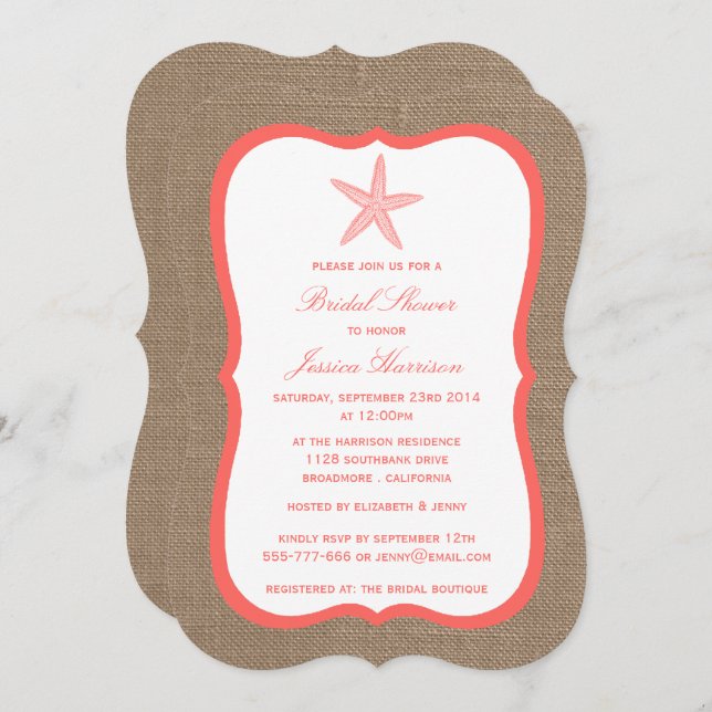 Coral Starfish Beach Burlap Bridal Shower Invitation (Front/Back)