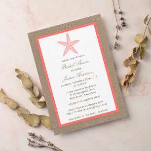 Coral Starfish Beach Burlap Bridal Shower Invitation