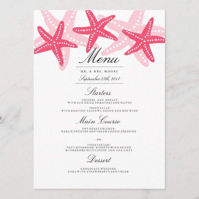 Coral Starfish Beach Wedding Dinner Menu (Front)