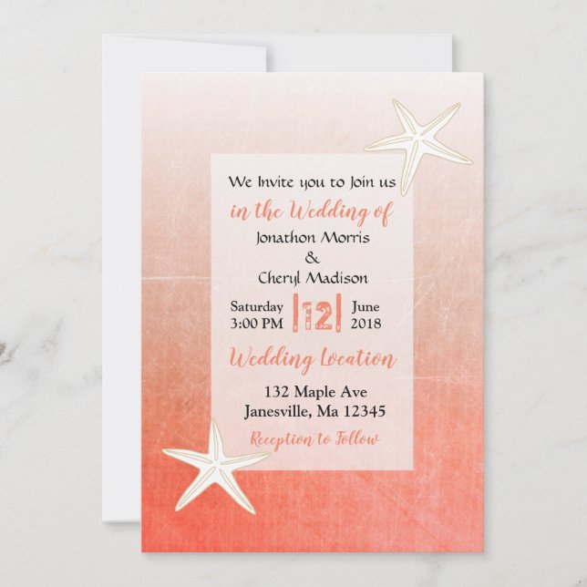 Coral  Starfish Beach  Wedding Invitations (Front)