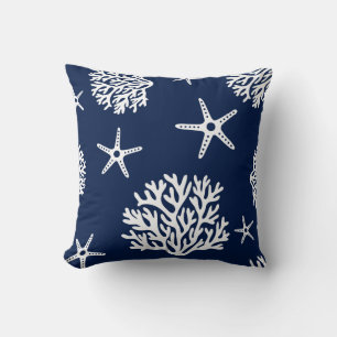 Coral, Starfish, Blue and White, Coastal, Maritime Cushion