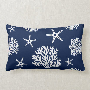 Coral, Starfish, Blue and White Throw Pillow