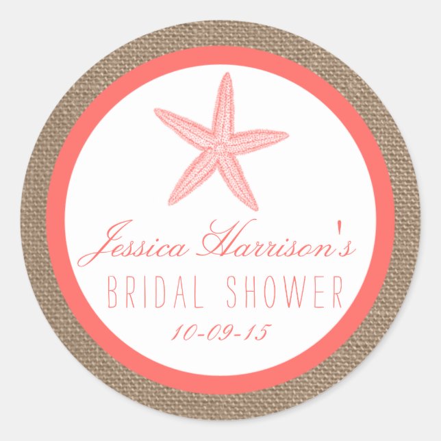Coral Starfish Burlap Beach Bridal Shower Stickers (Front)