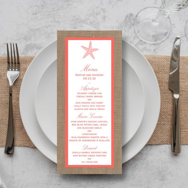 Coral Starfish Burlap Beach Wedding Menu (Creator Uploaded)
