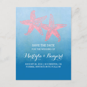 Coral starfish couple blue ombre save the date announcement postcard