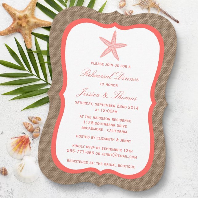 Coral Starfish On Burlap Beach Rehearsal Dinner Invitation (Creator Uploaded)